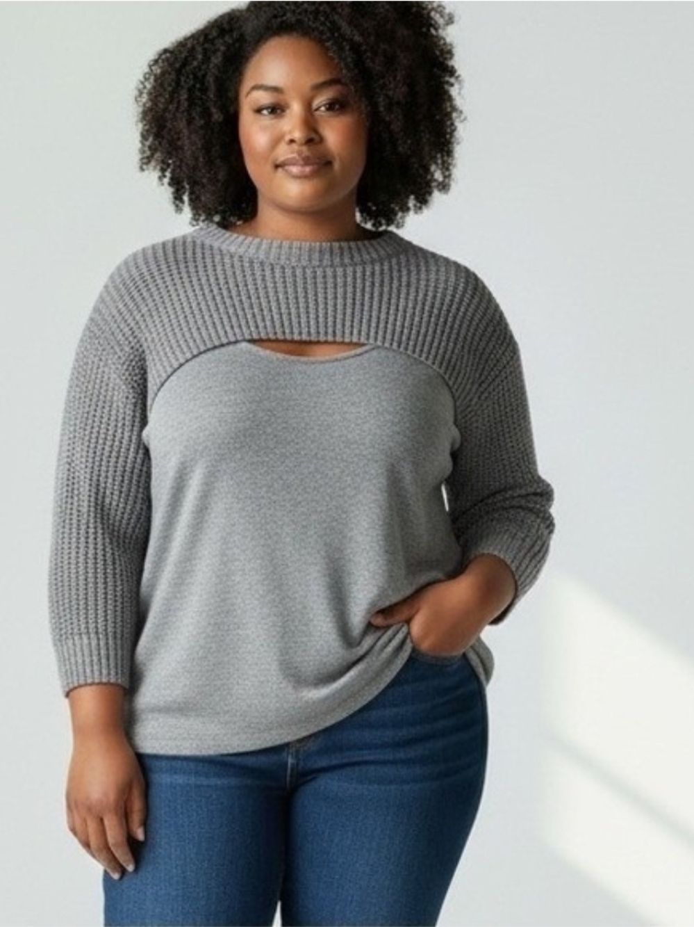 torrid Gray Textured Yoke Cutout Sweater